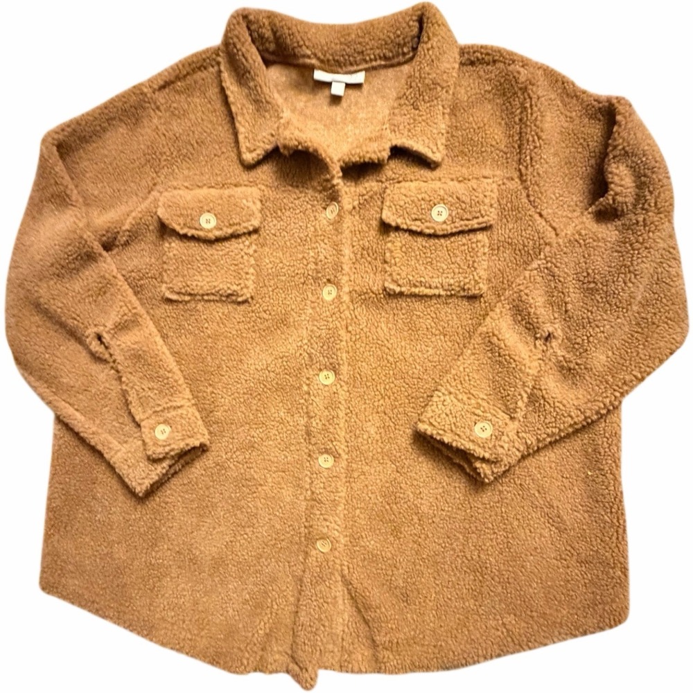 Woman Within Sherpa Fleece Shirt Jacket 24W‎ Brown Button Front Shacket Cozy